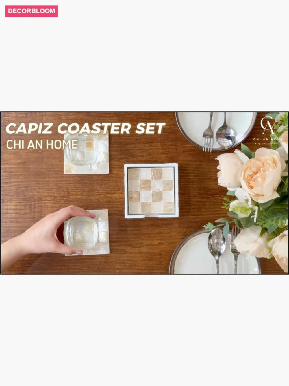 Set of 6 Capiz Shell Checkered Coasters with Holder